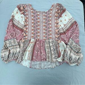 American Eagle Women’s Large Boho Peasant Blouse Patchwork Floral Tassel Top
